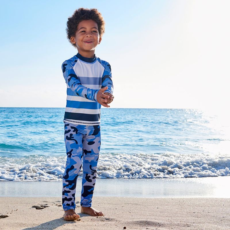 Blue Camo 2 Pc Rash Guard Set Boys Clapping On The Beach Sunpoplife