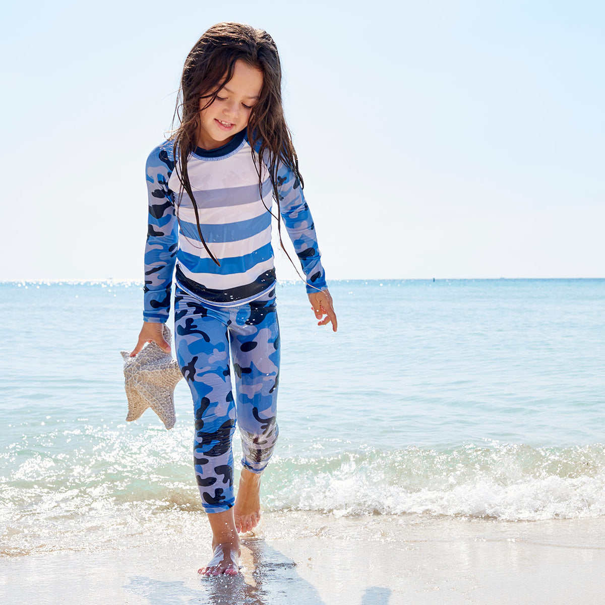 Blue Camo 2Pc Rash Guard Set Girls Shell Found On The Beach Sunpoplife