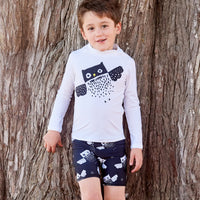 Diagonal Owl Long Sleeve Rash Guard Top Upf50 Kids Boys Girls Size 2 12 White Black Unisex Boy Touching A Brown Tree Sunpoplife
