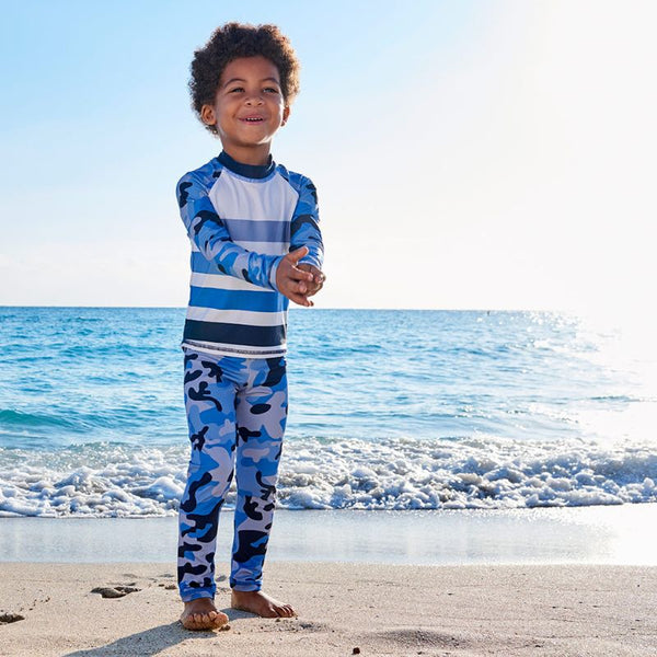 Blue Camo 2 Pc Rash Guard Set Boys Clapping On The Beach Sunpoplife