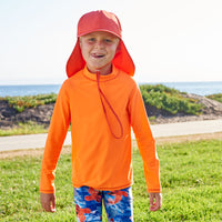 Kids Orange Legionnaire Sun Hat Upf 50 Size S Xl Boys Girls Unisex Front View Boy Wearing Orange Hat Sticking His Tongue out Sunpoplife