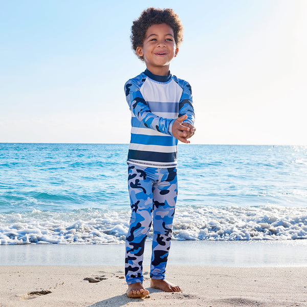 Blue Camo 2 Pc Rash Guard Set Boys Clapping On The Beach Sunpoplife