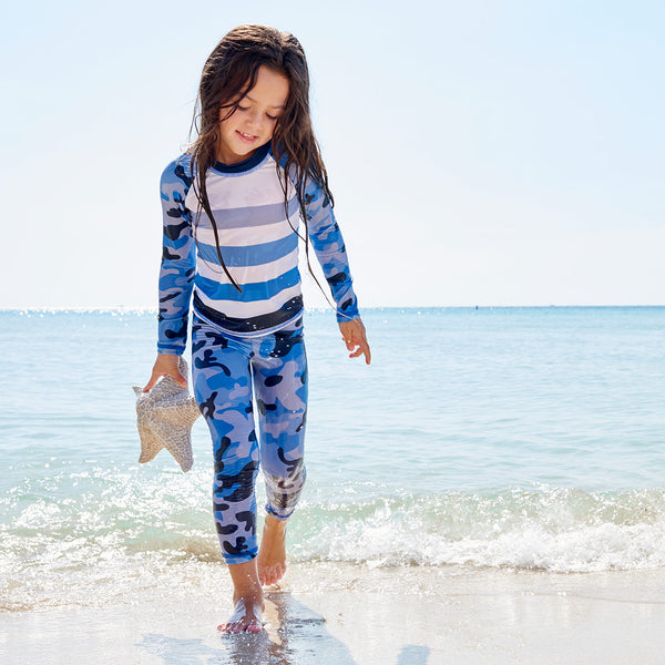 Blue Camo 2Pc Rash Guard Set Girls Shell Found On The Beach Sunpoplife