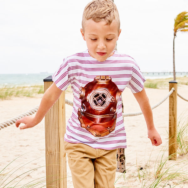 Boys Antique Diving Helmet Tshirt Size Xs L White Red Stripes Copper Modern Mariner Boy Jumping On The Sand By The Ropes Sunpoplife
