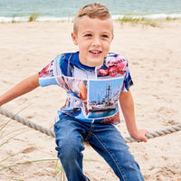 Boys Marina Photo Collage Tshirt Size Xs L Navy Red Sky Blue Modern Mariner Boy Sitting On The Ropes By The Pier At The Beach Sunpoplife