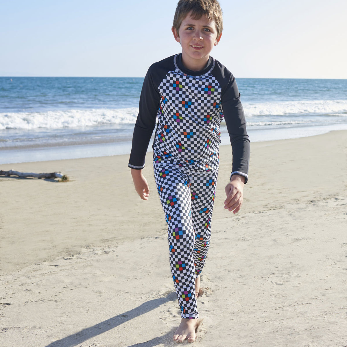 Checkerboard Long Sleeve Rash Guard Top UPF 50+ for Kids