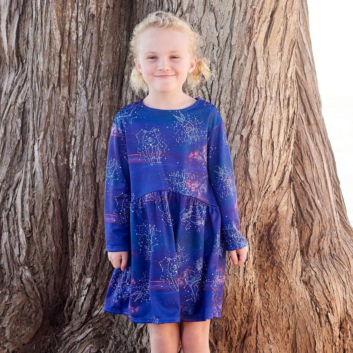 Constellations Dress Girls Size 2 12 Purple Moisture Wicking Cosmos Girl Standing On The Beach In Front Of A Tree Sunpoplife