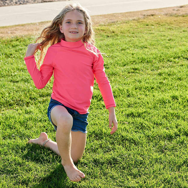 Coral Girls Long Sleeve Rash Guard Top Upf50 Size 2 12 Girl Touching Her Hair at the Park Sunpoplife