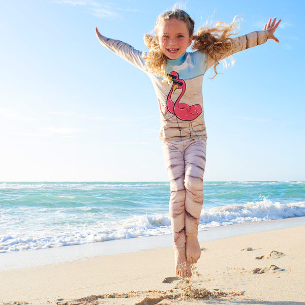 Flamingo 2Pc Rash Guard Set Beach Girl Smiling Under The Sky Beach Sunpoplife