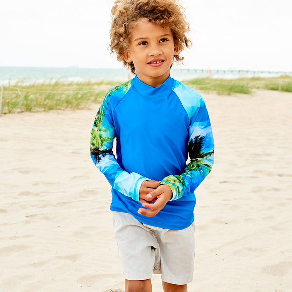 Hawaiian Long Sleeve Rash Guard Top Upf50 Kids Boys Girls Size 2 12 Unisex Green Blue Palm Trees Geo Tropical Boy Walking On The Sand Fixing A Sleeve Sunpoplife