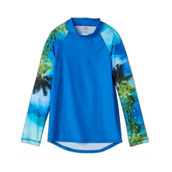 Hawaiian Long Sleeve Rash Guard Top UPF 50 Kids Boys Girls Size 2 12 Green Blue Palm Trees Geo Tropical Unisex Sunpoplife