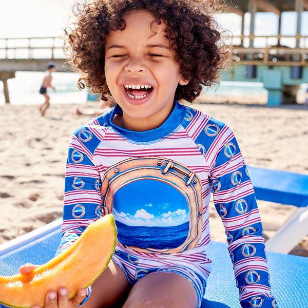 Horizon Long Sleeve Rash Guard Top Upf50 Kids Boys Girls Size 2 12 Porthole Red White Blue Stripes Denim Modern Mariner Unisex Boy By The Pier Laughing Holding A Slice Of Cantaloupe Sunpoplife