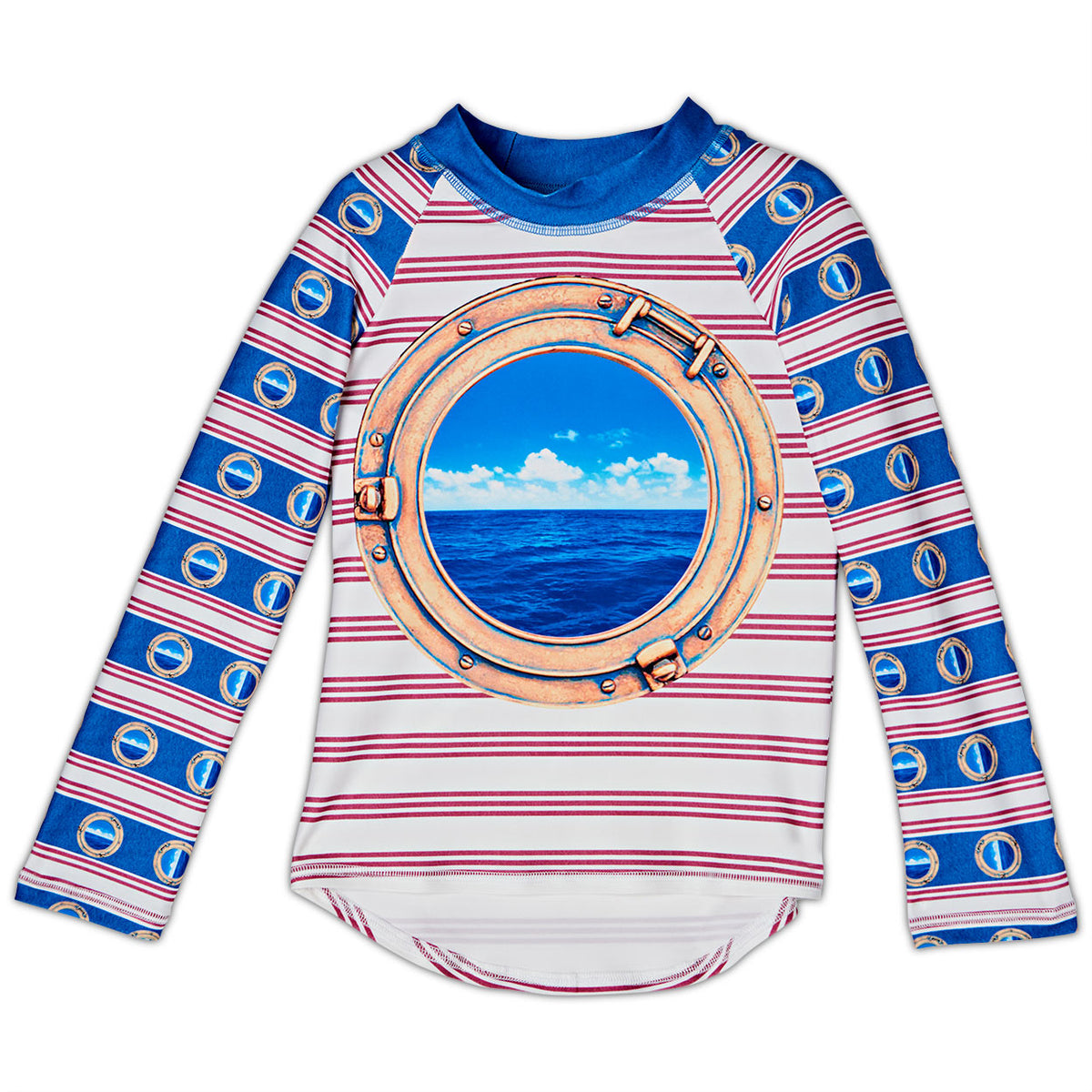 Horizon Long Sleeve Rash Guard Top Upf50 Kids Boys Girls Size 2 12 Porthole Red White Blue Stripes Denim Modern Mariner Unisex Sunpoplife