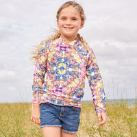 Kaleidoscope Long Sleeve Rash Guard Top Upf50 Girls Size 2 12 Butterflies Multicolor Opaline World Smiling Girl Walking Through Seagrass By The Beach Sunpoplife