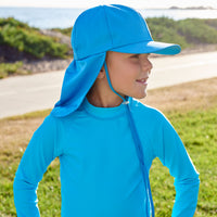 Kids Blue Legionnaire Sun Hat Upf 50 Size S Xl Boy Looking Away Wearing Blue Hat on the Park Sunpoplife