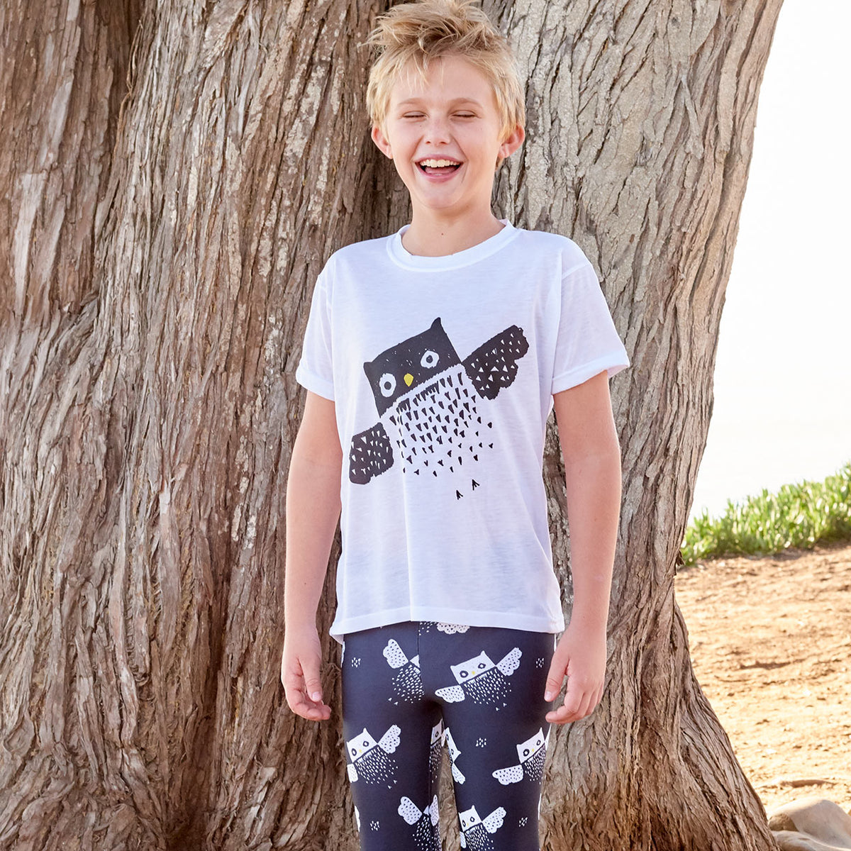 Kids Diagonal Owl Graphic Tshirt Black White Size Xs L Unisex Surfer Boy By A Tree Sunpoplife