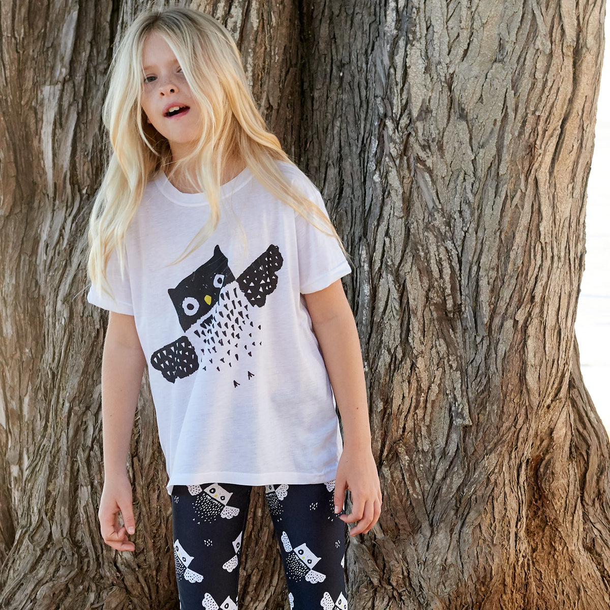 Kids Diagonal Owl Graphic Tshirt Black White Size Xs L Unisex Surfer Girl By A Beach Tree Sunpoplife