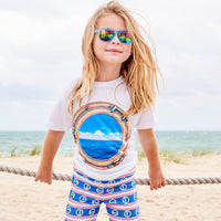 Kids Horizon Photo Tshirt Size Xs L Unisex White Blue Bras Porthole Modern Mariner Girl Holding On To Ropes At The Marina Sunpoplife