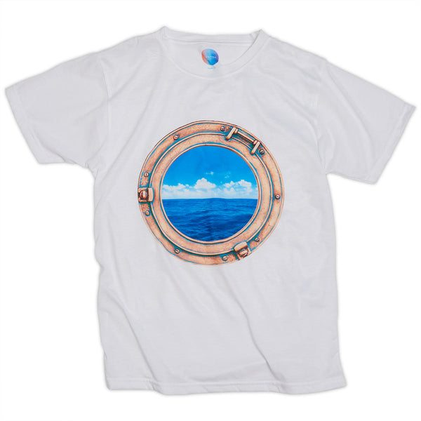 Kids Horizon Photo Tshirt Size Xs L Unisex White Blue Brass Porthole Modern Mariner Sunpoplife