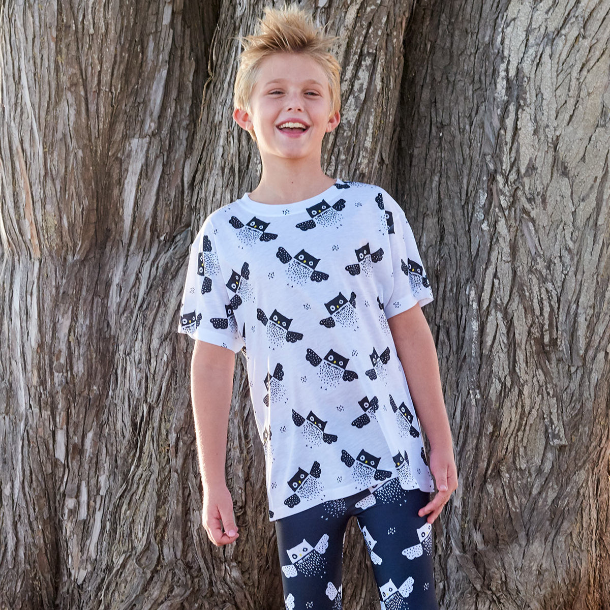 Kids Owls Pattern Graphic Tshirt Black White Size Xs L Unisex Smiling Boy At The Beach By A Tree Sunpoplife
