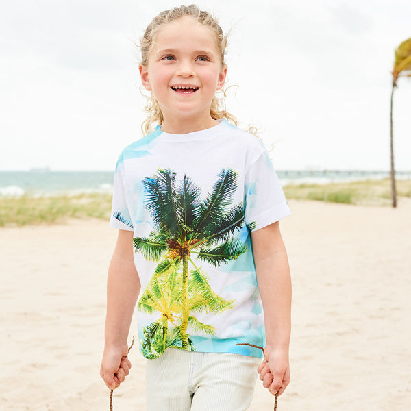 Kids Palm Trees Photo Tshirt White Green Blue Size Xs L Unisex Geo Tropical Happy Girl At The Beach Carrying Coconuts Sunpoplife