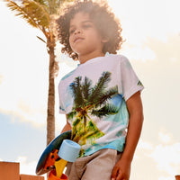 Kids Palm Trees Photo Tshirt White Green Blue Size Xs L Unisex Geo Tropical Skater Boy At The Beach Holding His Skateboard Sunpoplife