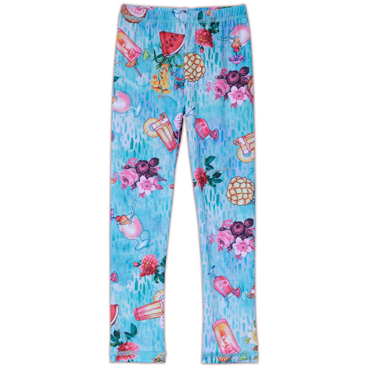 The refreshing summer drinks and retro flowers in colors of the past makes this print kitsch beyond believe. The Kitsch Kids Hybrid Leggings and UPF 50+ swim pants captures the print of the season and the athleisure trend permits her wearing this legging anytime.