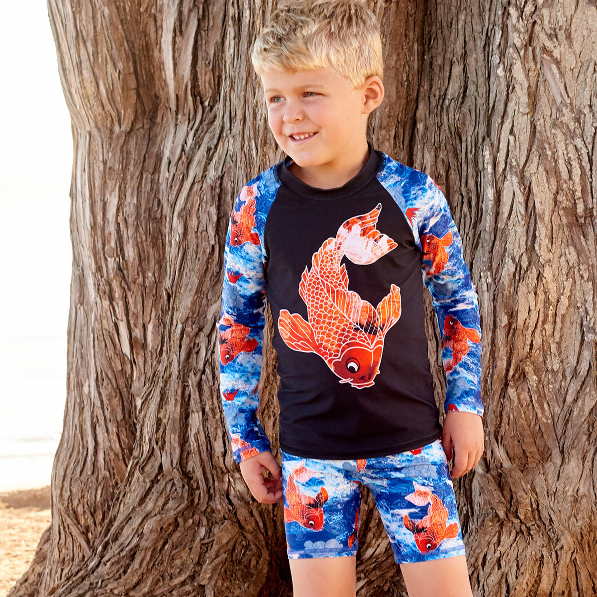 Koi Fish Sunblocker Shorts Upf50 Kids Boys Size 2 12 White Blue Orange Boy At The Beach In Front Of A Tree Sunpoplife