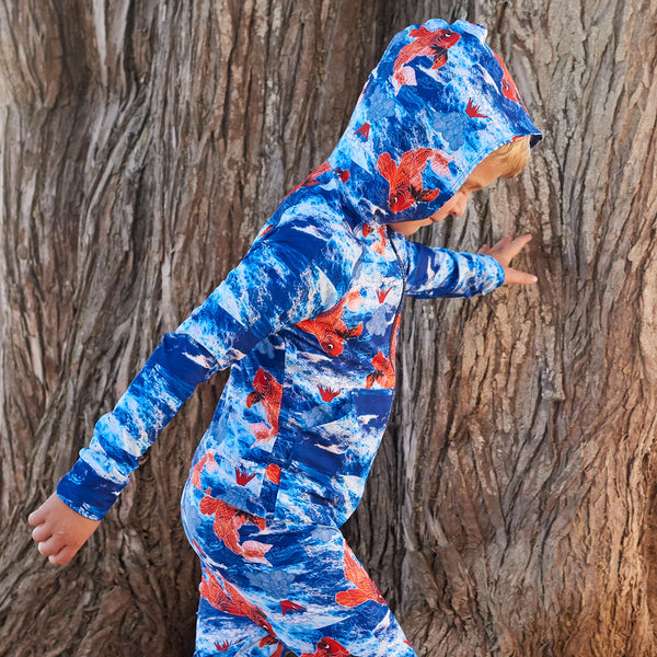 Koi Fish Zip Up Hoodie Upf50 Kids Boys Size 2 12 Blue Orange Blonde Boy Wearing A Hoodie Walking Past A Tree At The Beach Sunpoplife