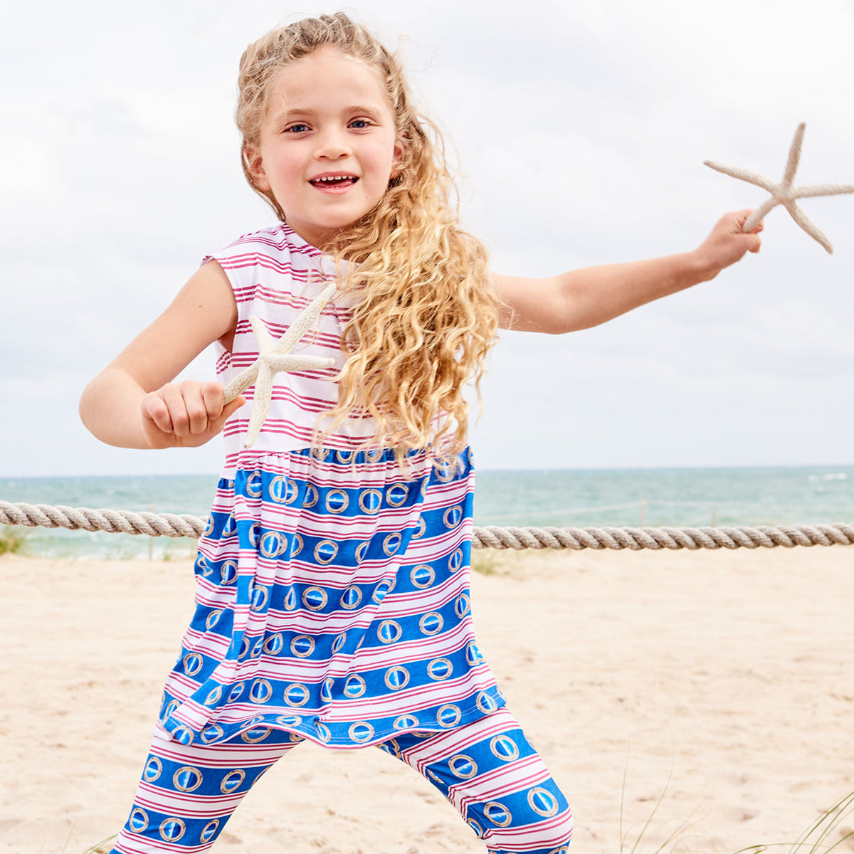 Mariner Dress Girls Size 2 12 Red White Blue Stripes Denim Modern Mariner Happy Girl On The Beach Holding A Starfish Sunpoplife