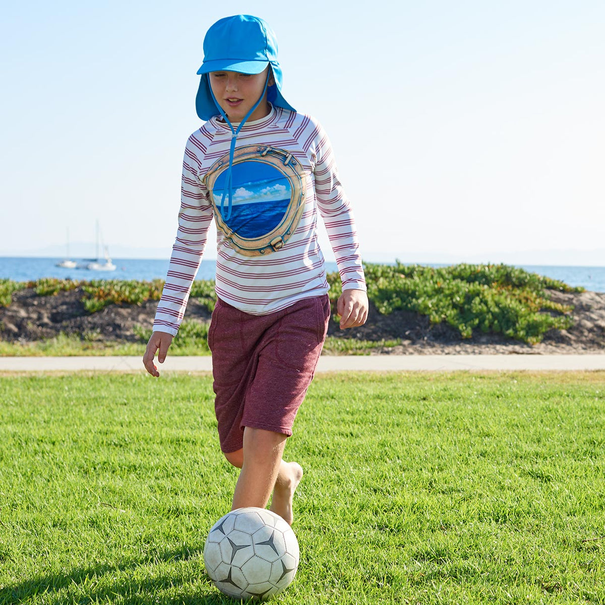 Modern Striped Long Sleeve Rash Guard Top Upf50 Kids Boys Girls Unisex Size 2 12 Porthole Red Stripes White Blue Modern Mariner Sunpoplife