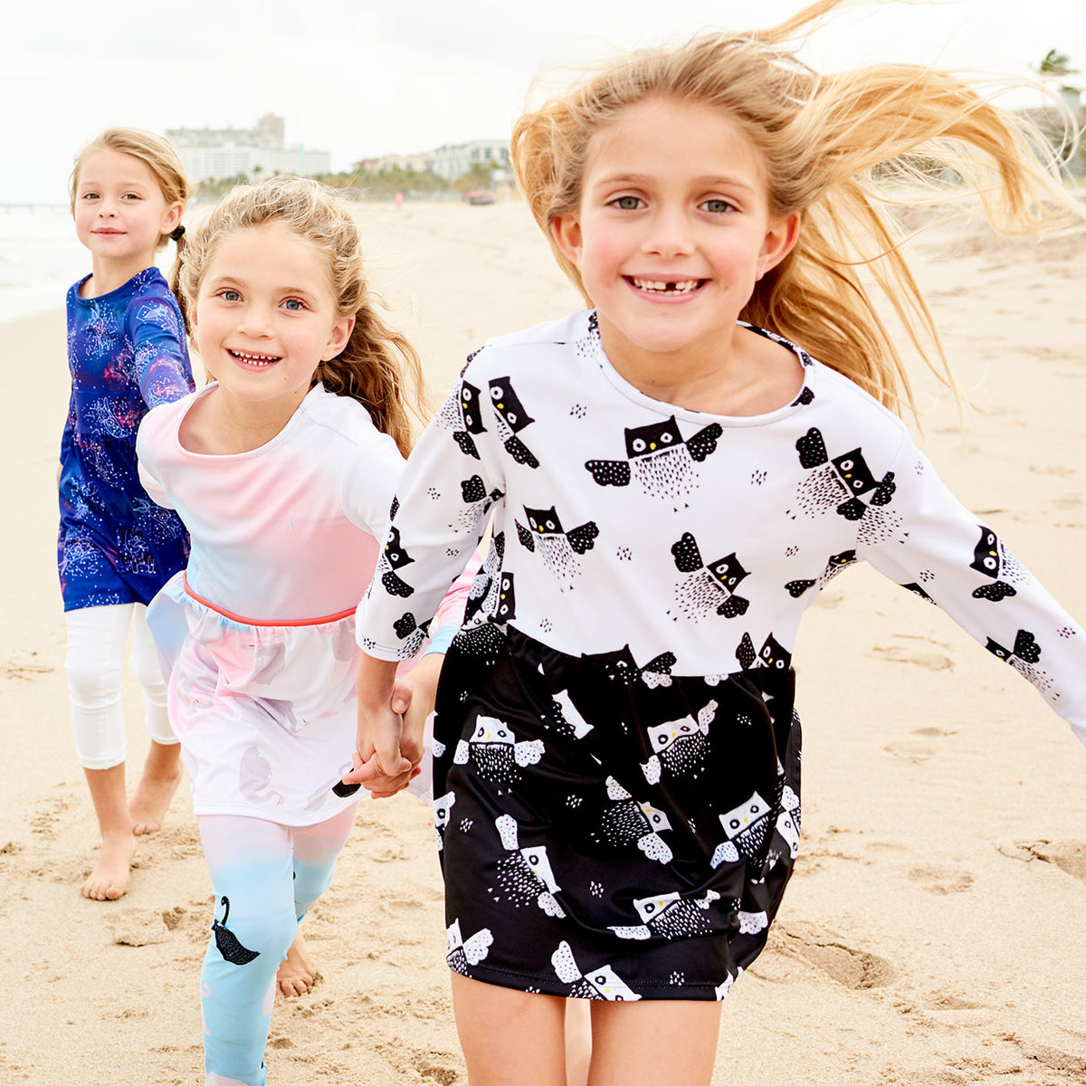Owls Dress Girls Size 2 12 Black White Moisture Wicking Three Girls Running On The Beach Smiling Sunpoplife