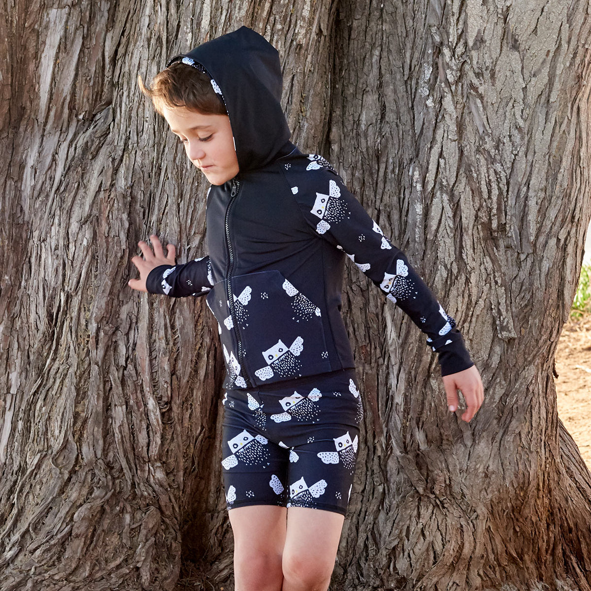 Owls Zip Up Hoodie Upf50 Kids Boys Girls Size 2 12 Black White Unisex Boy Wearing A Hoodie In Front Of A Tree Sunpoplife