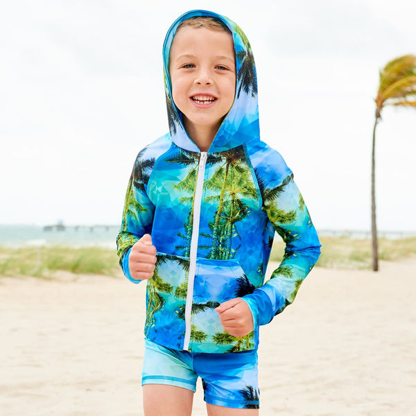 Palm Trees Hybrid Shorts Upf50 Kids Boys Size 2 12 Green Blue Geo Tropical Boy Jogging On The Sand On A Sunny Day Sunpoplife