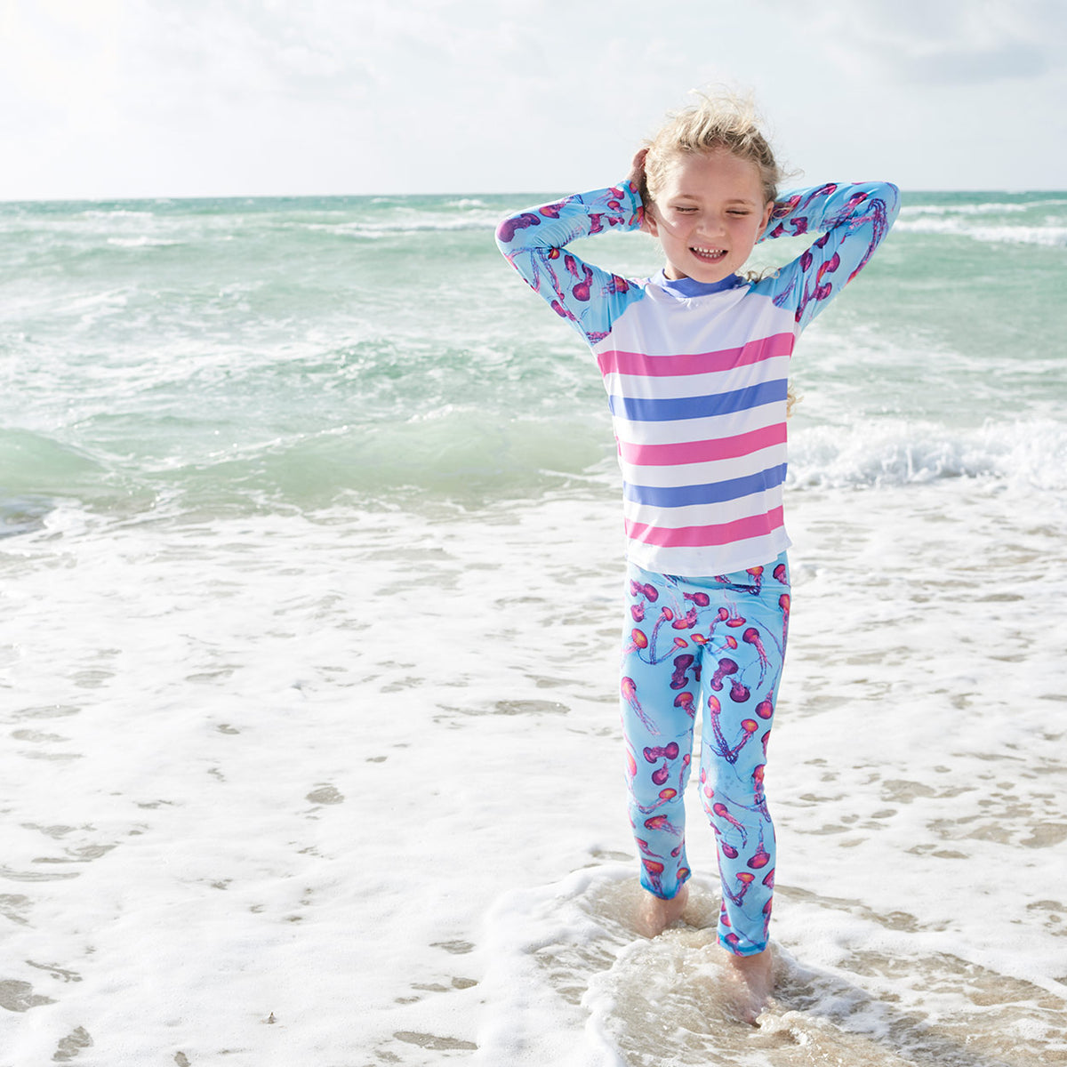 Pink Jellyfish 2Pc Rash Guard Set Girl Enjoying A Sunny Day Beach Sunpoplife