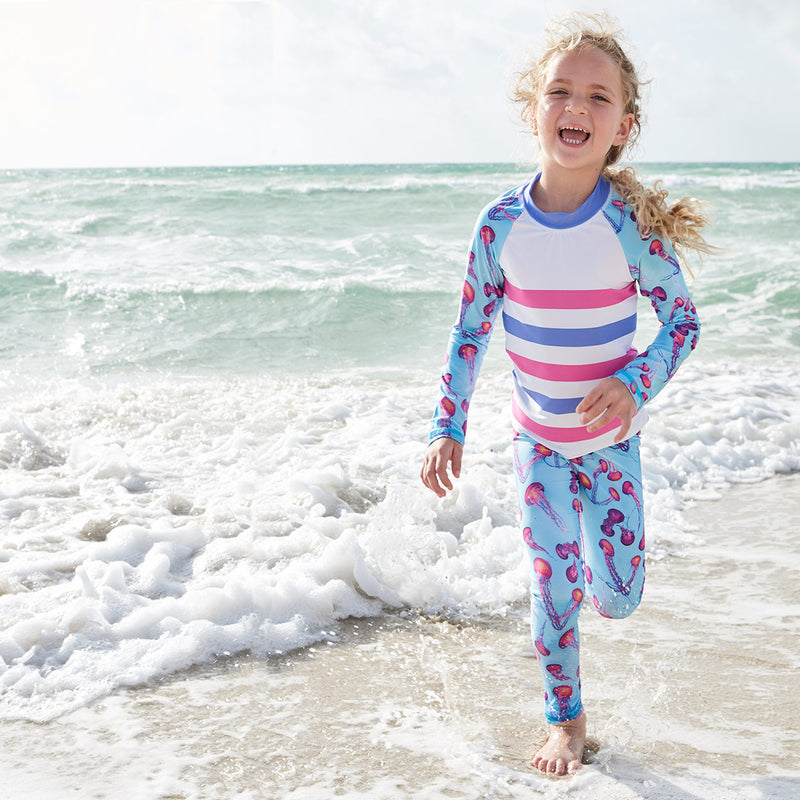 Pink Jellyfish 2Pc Rash Guard Set Girl Running Over An Ocean Wave Beach Sunpoplife