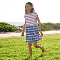 Red Stripe Dress Upf50 Size 2 12 Capsleeve Girl Smiling Running on the Grass Sunny Day Modern Mariner Sunpoplife