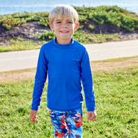 Royal Blue Kids Long Sleeve Rash Guard Top Upf50 Boys Girls Unisex Size 2 12 Blonde Boy Smiling by the Ocean Sunpoplife