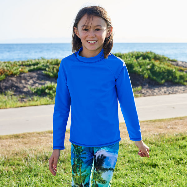 Royal Blue Kids Long Sleeve Rash Guard Top Upf50 Boys Girls Unisex Size 2 12 Girl Walking on the Grass Sunpoplife