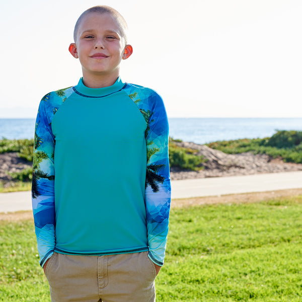 Tropical Long Sleeve Rash Guard Top Upf50 Kids Boys Girls Unisex Size 2 12 Green Blue Teal Palm Trees Geo Tropical Sunpoplife